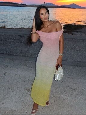 ASOS DESIGN ultimate embellished crochet maxi dress in pink and lemon ombre (M)